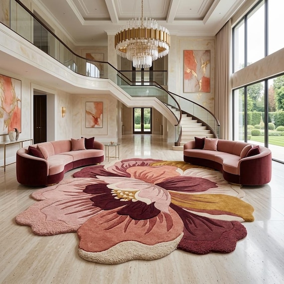 Flower Shaped Rug, Hand Tufted Wool Area Rug, Floral Shaped living room Rug, Burgundy Blush Mustard, Sculptural Pile Petal Rug Boho Nursery