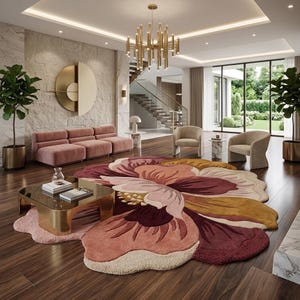 May include: A large, floral-shaped area rug featuring layered petals in shades of deep burgundy, dusty rose, soft pink, and muted gold. The rug has a textured, tufted surface and is positioned on a dark wood floor beneath a low, gold-toned coffee table.