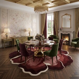 May include: A large, round wooden dining table with a central gold pedestal base, surrounded by velvet chairs in deep green and burgundy. The table sits on a large, floral-shaped area rug featuring layered shades of burgundy, pink, and cream.
