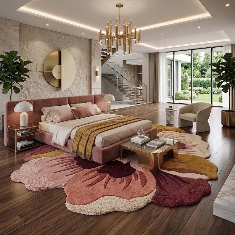 May include: A large, flower-shaped area rug featuring layered petals in shades of dusty pink, deep burgundy, and mustard yellow. The rug is placed on a dark wood floor beneath a pink upholstered bed frame with a mustard yellow throw blanket.