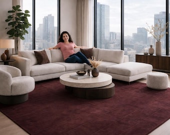Wine Burgundy Solid Area Rug, Handmade Tufted Wool Rug, Deep Plum Paneled Texture Carpet, Modern Minimalist Solid Color Rug, Luxury Home rug