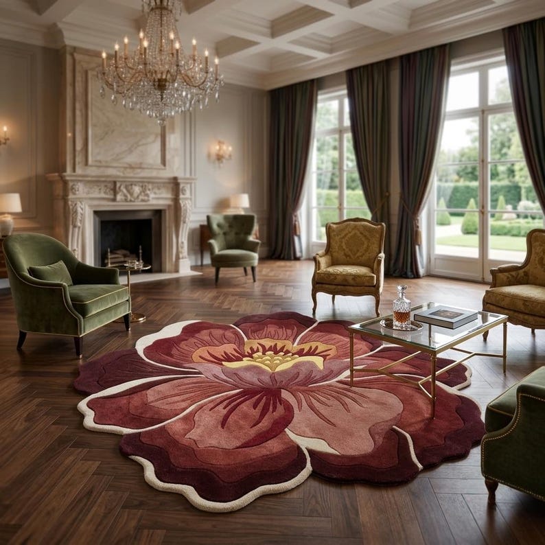 May include: A large, circular area rug shaped like a blooming flower with layered petals in shades of deep burgundy, maroon, dusty rose, and a central accent of golden yellow, featuring a thick, cream-colored border outlining the entire floral shape.