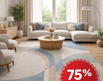 Hand Tufted Wool Area Rug, Modern Abstract Beige Blue Sage Green