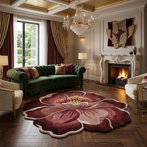 Burgundy Peony Flower Shaped Rug | Hand Tufted 3D Floral Wool Rug | Scalloped Edge Sculptural Pile | Maximalist Statement home  Decor rugs