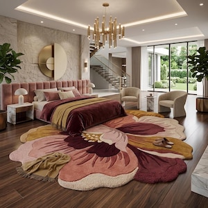May include: A large, floral-shaped area rug featuring layered petals in shades of deep burgundy, dusty rose, mustard yellow, and cream. The rug has a textured, tufted surface and is positioned on a dark wood floor in a bedroom setting.