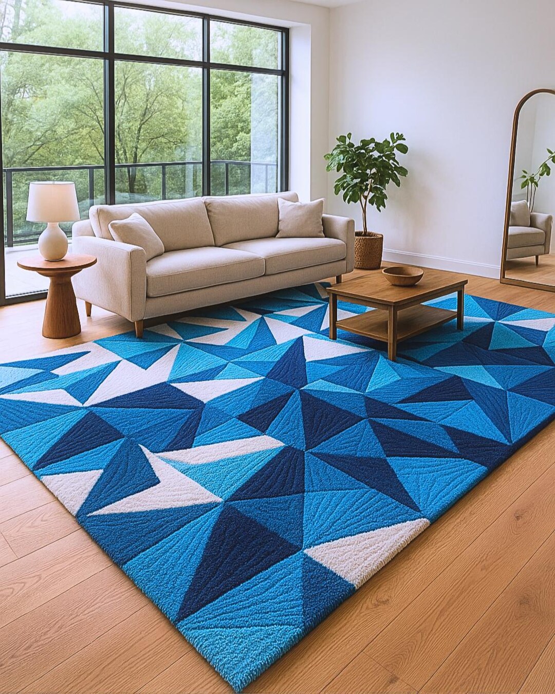 Hand Tufted Wool Area Rug Modern Blue Geometric Triangle Design Rugs ...