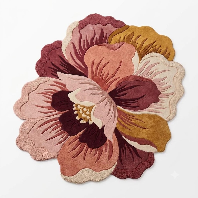 May include: A tufted rug shaped like a large flower with scalloped edges. The design features layered petals in shades of deep burgundy, dusty rose, soft pink, cream, and mustard yellow, creating a dense, textured surface with a floral pattern.