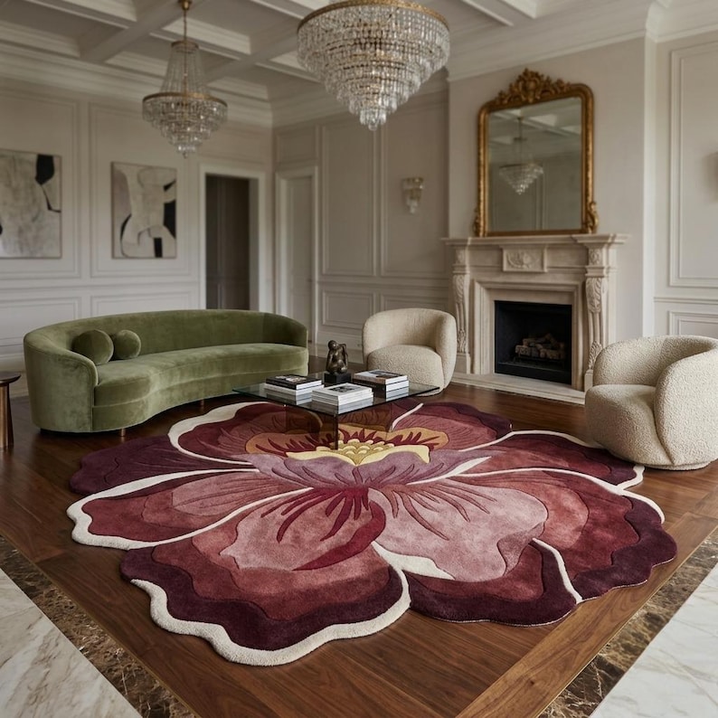 May include: A large, circular area rug shaped like a blooming flower with layered petals in shades of deep burgundy, mauve, and cream. The rug features a central yellow and cream stamen detail and is placed on a dark wood floor in a room.