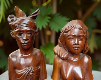 Vintage Hand-Carved Balinese Wooden Bust Sculptures – Pair