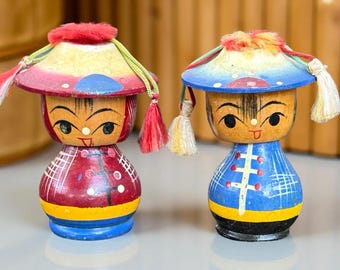 Vintage Japanese Kokeshi-Style Nodder Wooden Doll Pair