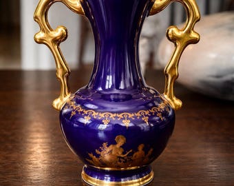 Vintage Limoges France Cobalt Blue & Gold Urn Vase
