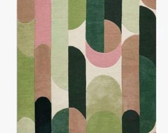Hand Tufted Wool Rug: Modern Green Pink Geometric Arch Carpet