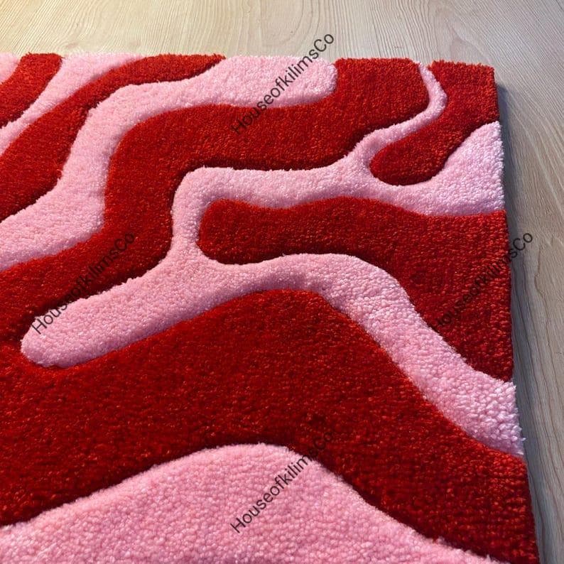 Pink and Red Abstract Wavy Area Rug - Modern Handmade Tufted Carpet for Bedroom, Dorm, or Living Room - Funky Groovy Retro Decor
