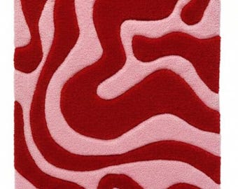 Pink and Red Abstract Wavy Area Rug - Modern Handmade Tufted Carpet for Bedroom, Dorm, or Living Room - Funky Groovy Retro Decor