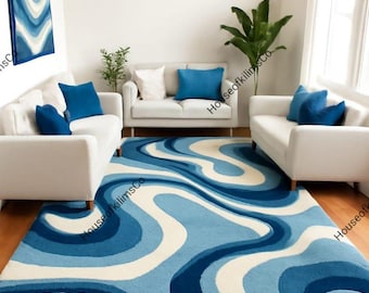 Hand Tufted Blue Wavy Rug: Modern Abstract Area Carpet