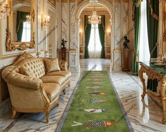 Handknotted Fish design Runner Rug - Blue - Green color Contemporary Style Wool Runner Rug - Hallway Runner - Kitchen runner - Boho runner