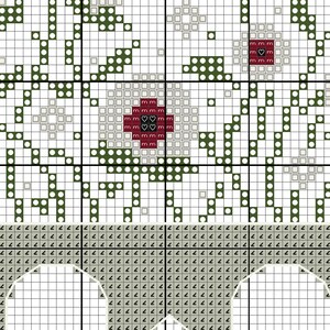 以下が含まれることがあります： 花柄のデザインのクロスステッチパターン。白い花、濃い緑の葉、赤いハートが見えます。パターンはグリッドで表示され、手芸に適しています。画像の下部には、数字7のグリッドが表示されています。