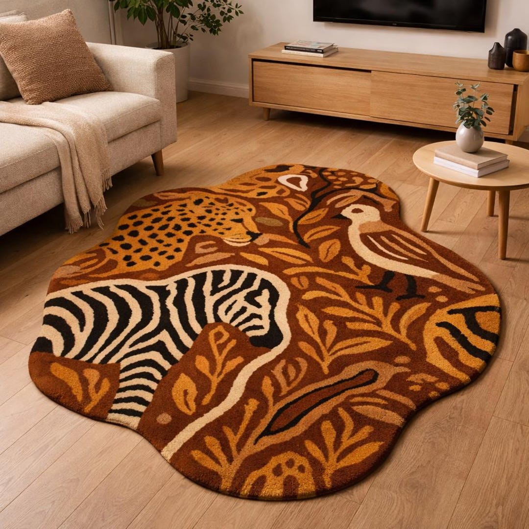 Hand Tufted Safari Animal Rug Leopard & Zebra Irregular Shape Wool Rug ...
