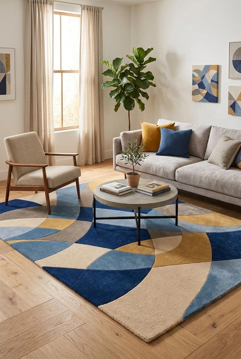 Abstract Blue Gold Hand Tufted Modern Geometric Area Rug, Designer ...