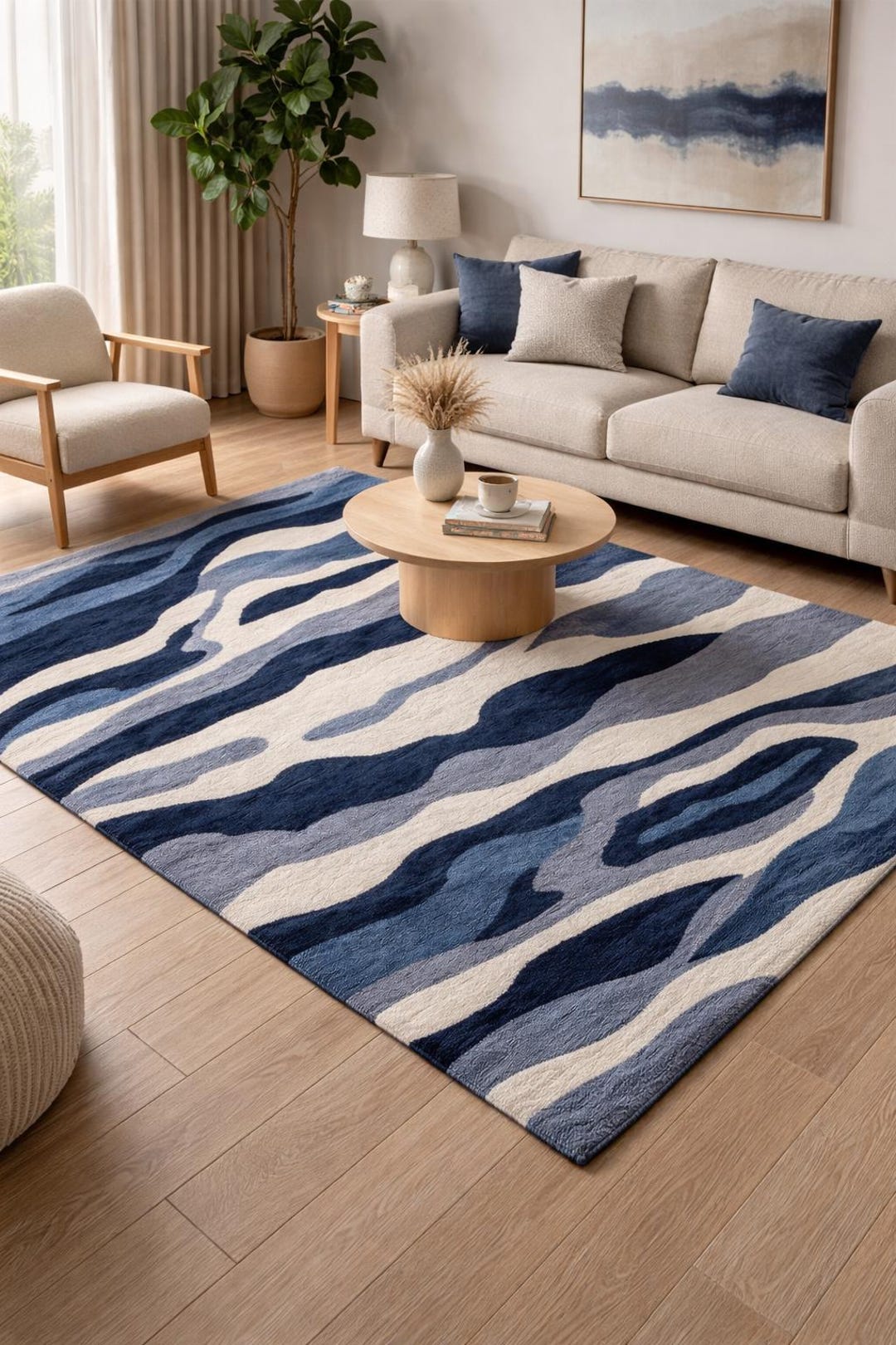 Hand Tufted Wool Area Rug – Abstract Ocean Wave Design, Blue Beige - Etsy