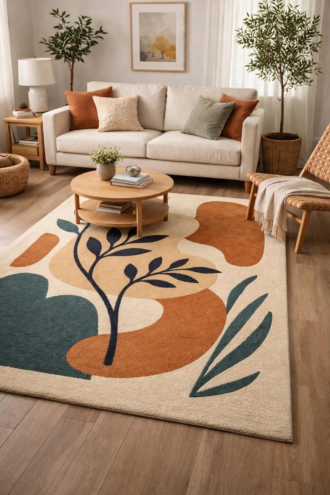 Aesthetic Abstract Leaf Design Rug | Hand Tufted Wool Blend | Neutral ...
