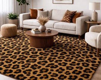 Hand Tufted Leopard Print Rug, Large Cheetah Animal Pattern Wool Area Rug, Gold and Black Safari Decor for Living Room, Bedroom, 5x7, 8x10