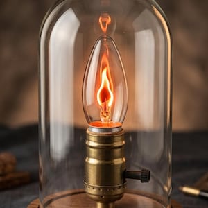 May include: A table lamp featuring a clear glass dome covering a flame-shaped light bulb. The bulb sits in a brass socket on a circular wooden base. A brass plaque on the base reads Magische Glimmlampe - Ewige Flamme. A small black switch is on the side.