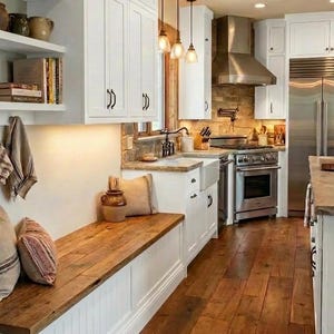 May include: A kitchen with white cabinets, a wooden bench, and hardwood floors. The kitchen features a stainless steel range and refrigerator. Decorative items are on shelves and the bench. Pendant lights hang above the sink area.