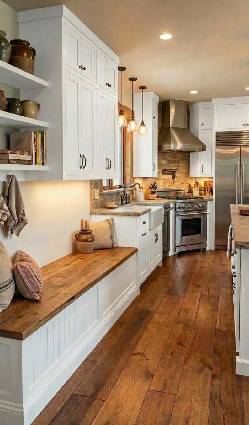 May include: A kitchen with white cabinets, a wooden bench, and hardwood floors. The kitchen features a stainless steel range and refrigerator. Decorative items are on shelves and the bench. Pendant lights hang above the sink area.