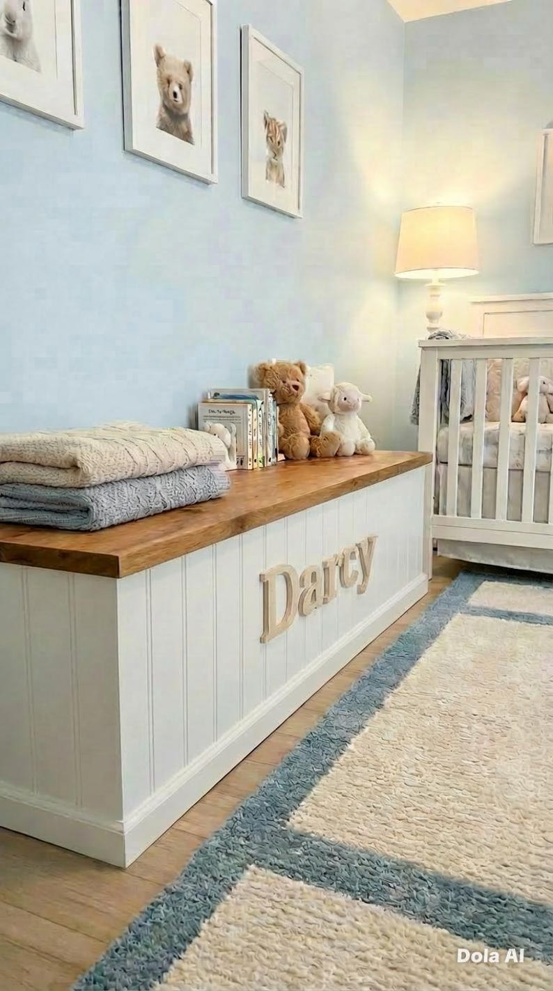 May include: A white and wood-toned storage bench with the name "Darcy" in wooden letters. The bench is in a nursery setting, with a crib, framed animal art, and a rug. Soft blankets and stuffed animals are on top.