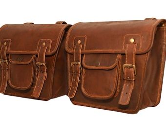 Handmade Full-Grain Leather Motorcycle Saddlebags – Vintage Bike Panniers 2 Pcs
