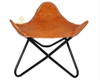 Handmade Buffalo Leather Butterfly Stool – Rustic Iron Frame Footstool