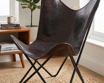 Leather Butterfly Chair, Industrial Accent Seat, Handmade Lounge Furniture, Mid Century Modern Living Room Seating