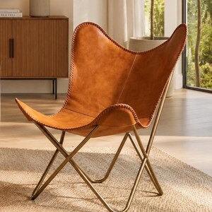 Modern Leather Sling Chair | Handmade Buffalo Butterfly Seat or Cover | Mid Century Accent for Apartment & Studio