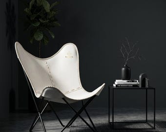 Buffalo Leather Butterfly Chair, Handmade Iron Frame Lounge Accent Folding Arm Seat, Mid Century Modern Furniture