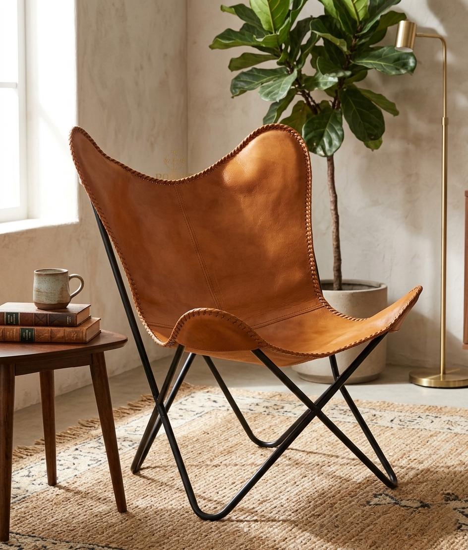 Classic Brown Butterfly Chair Buffalo Leather with Vintage Black Metal Frame Modern Lounge Seat or Cover