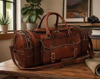 Handmade Vintage Leather Duffle Bag, Weekender Carry-on Luggage, Retro Travel Hold All For Men, Personalised Gifts for Him