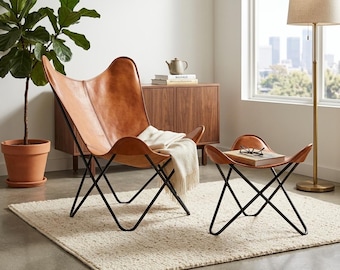 Tan Leather Chair and Footstool Set | Handmade Buffalo Butterfly Lounge with Ottoman | Vintage Living Room Furniture