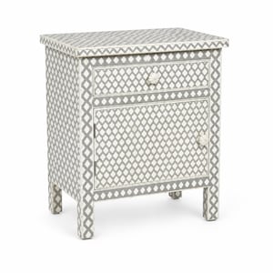 Hexagon Bone Inlay Bedside Table, Handmade White Gray Nightstand, Moroccan Wooden Side Cabinet, Boho Bedroom Storage