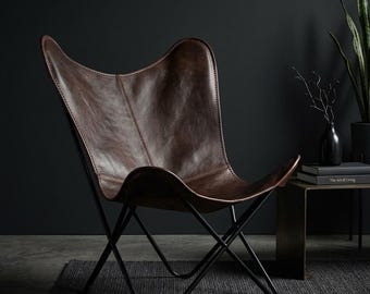 Buffalo Leather Butterfly Chair, Handmade Boho Lounge Seating, Mid Century Modern Accent Seat, Living Room Furniture