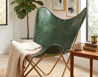 Green Buffalo Leather Butterfly Chair | Handmade Mid-Century Accent Seating with Gold Metal Frame