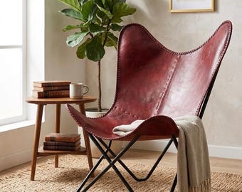 Mid-Century Modern Butterfly Chair, Handmade Red Buffalo Leather Accent Seating