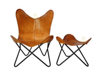 Silla mariposa y reposapiés hechos a mano en cuero de búfalo marrón claro, asiento de salón vintage para la decoración del salón.
