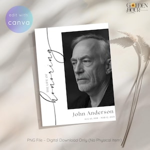 May include: A monochrome memorial card with a portrait of John Anderson. The card displays the text "The Life of Honoring" in script, his name, and the dates: Aug 10, 1958 - Mar 12, 2025. The words "edit with canva" are also visible.