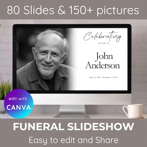 Op de afbeelding: Een computermonitor toont een sjabloon voor een herdenkingsdiavoorstelling. Het scherm toont een zwart-witfoto van een man, met de tekst "Celebrating the life of John Anderson". Extra tekst bevat de data 22 april 1900 - 15 december 2025. De woorden "FUNERAL SLIDESHOW" zijn ook zichtbaar.