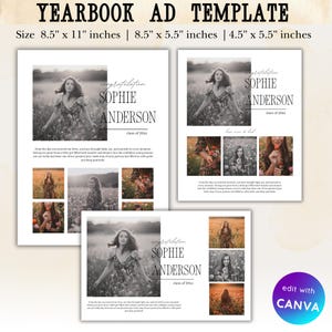 May include: Yearbook ad template featuring a black and white photograph of a young woman in a field. The template includes the name "SOPHIE ANDERSON" and "class of 20xx". Sizes are 21.6 x 27.9 cm, 21.6 x 14 cm, and 11.4 x 14 cm.