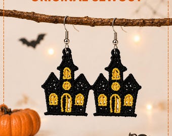 Haunted House FSL Earring Embroidery Design | Free Standing Lace Halloween Earrings | Spooky House Machine Embroidery File