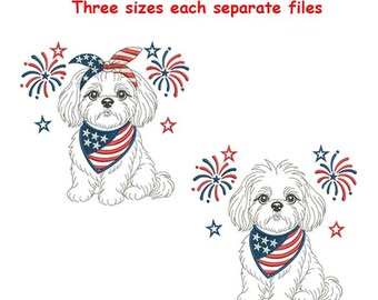 Può includere: Due illustrazioni di cani bianchi con bandana e fascia patriottiche, circondate da fuochi d'artificio e stelle rosse, bianche e blu. Il testo in alto recita "Three sizes each separate files."
