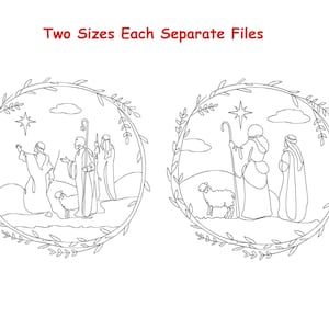 Può includere: Illustrazione a tratto di una scena della natività con pastori, una stella e una pecora, incorniciata da una ghirlanda circolare. Il testo "Two Sizes Each Separate Files" è in alto in rosso.