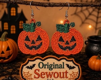 Jack O Lantern FSL Embroidery Earrings | Halloween Pumpkin Lace Design (Digital Download)